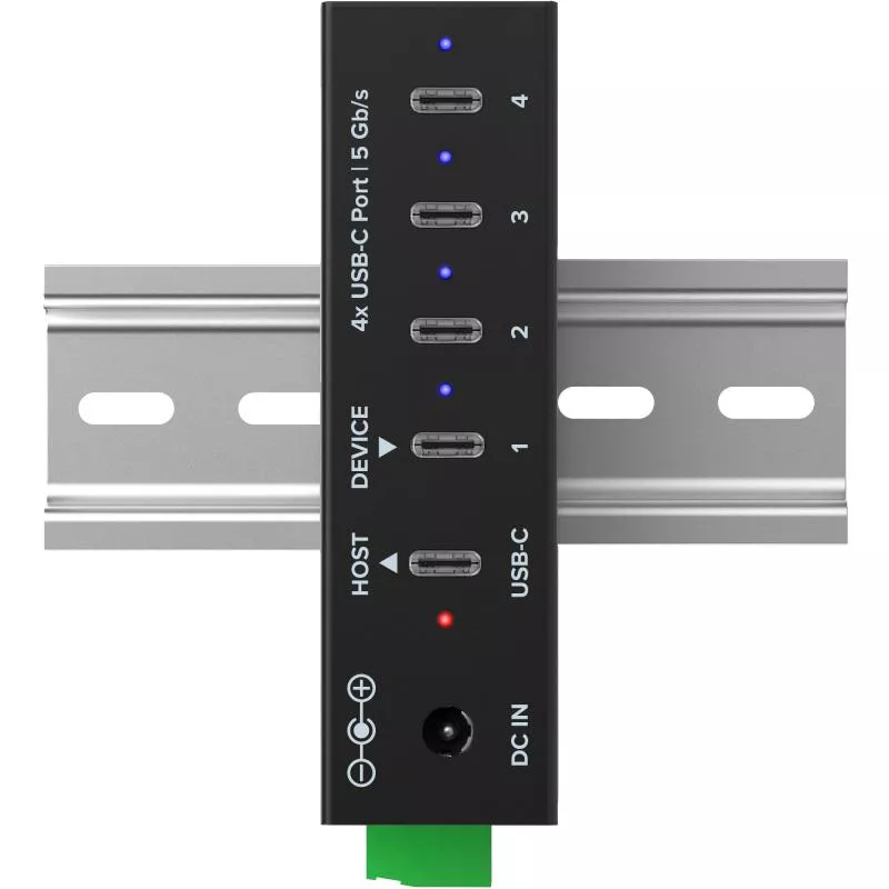 USB 3.2 Industrie-Hub 4-Port USB-C, Aluminium, DIN-Schiene