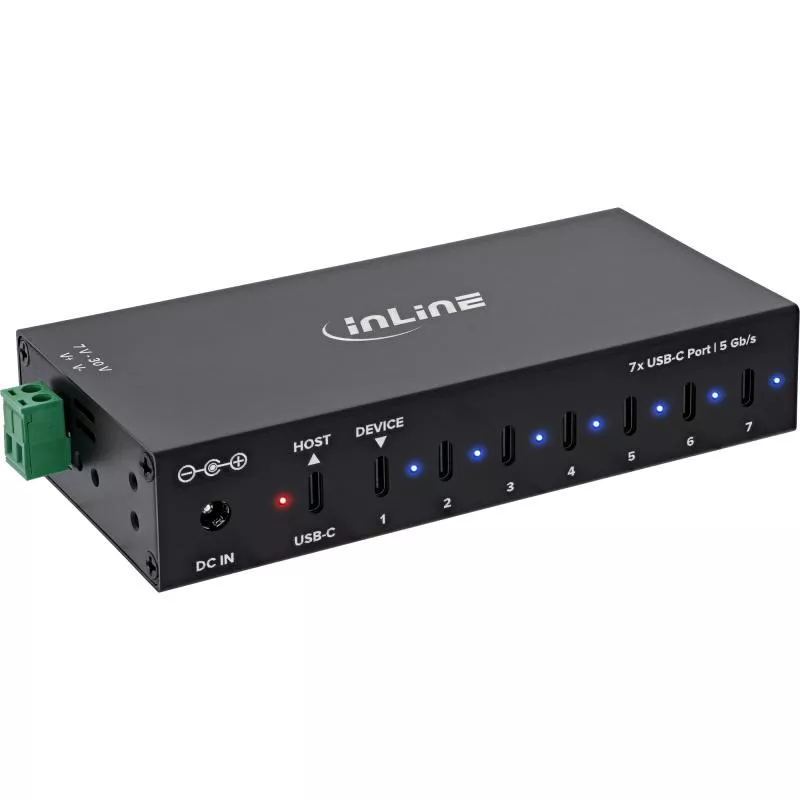 USB 3.2 Industrie-Hub 7-Port USB-C, Aluminium, DIN-Schiene