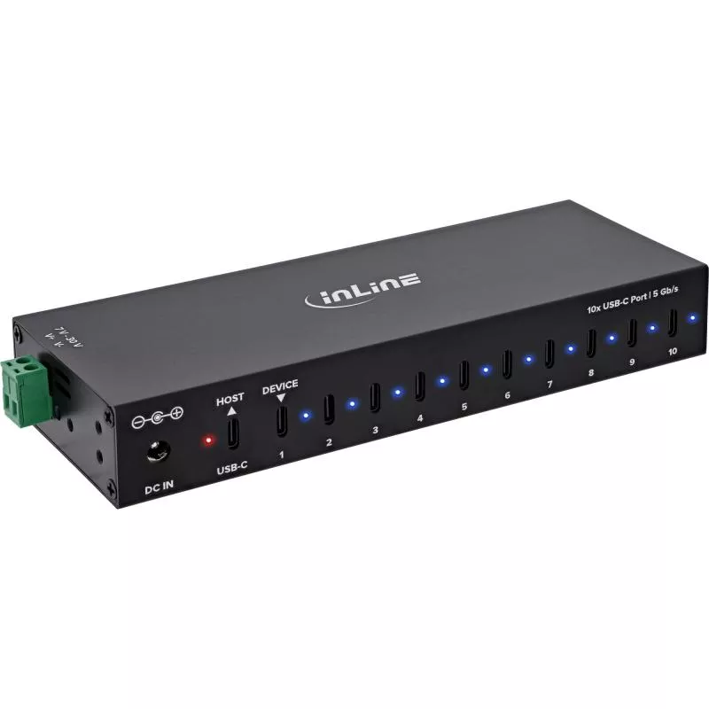 USB 3.2 Industrie-Hub 10-Port USB-C, Aluminium, DIN-Schiene