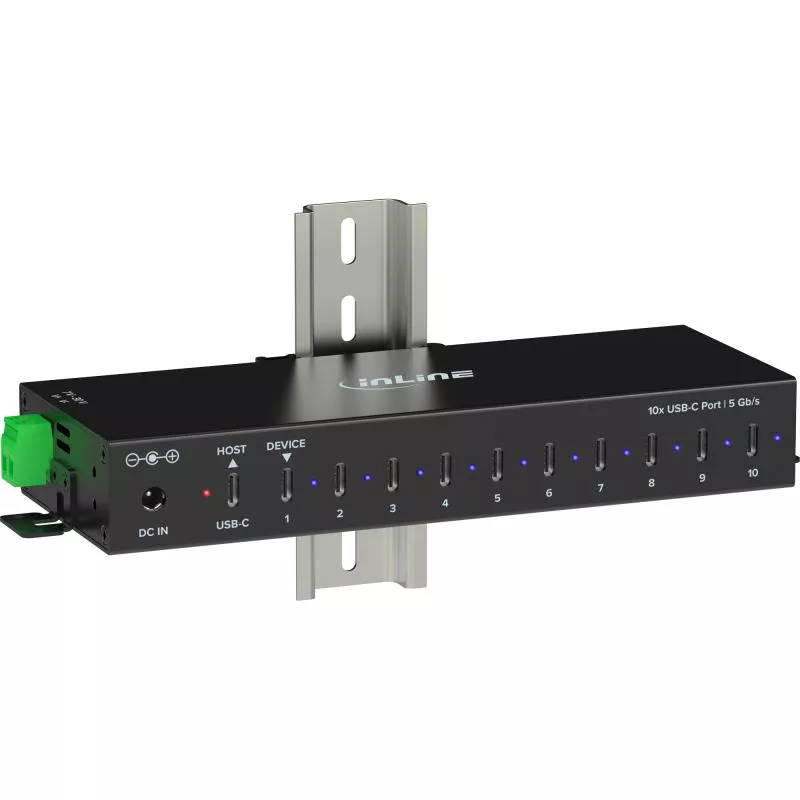 USB 3.2 Industrie-Hub 10-Port USB-C, Aluminium, DIN-Schiene