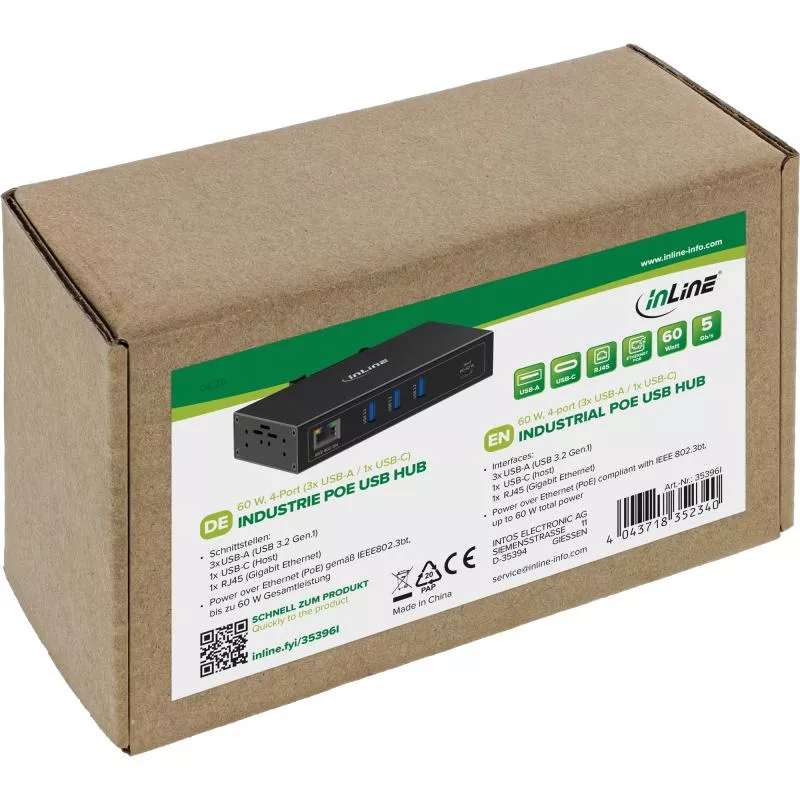 USB PoE Hub Industrie, 4-Port, 3x USB-A/1x USB-C, Gigabit, 60 W