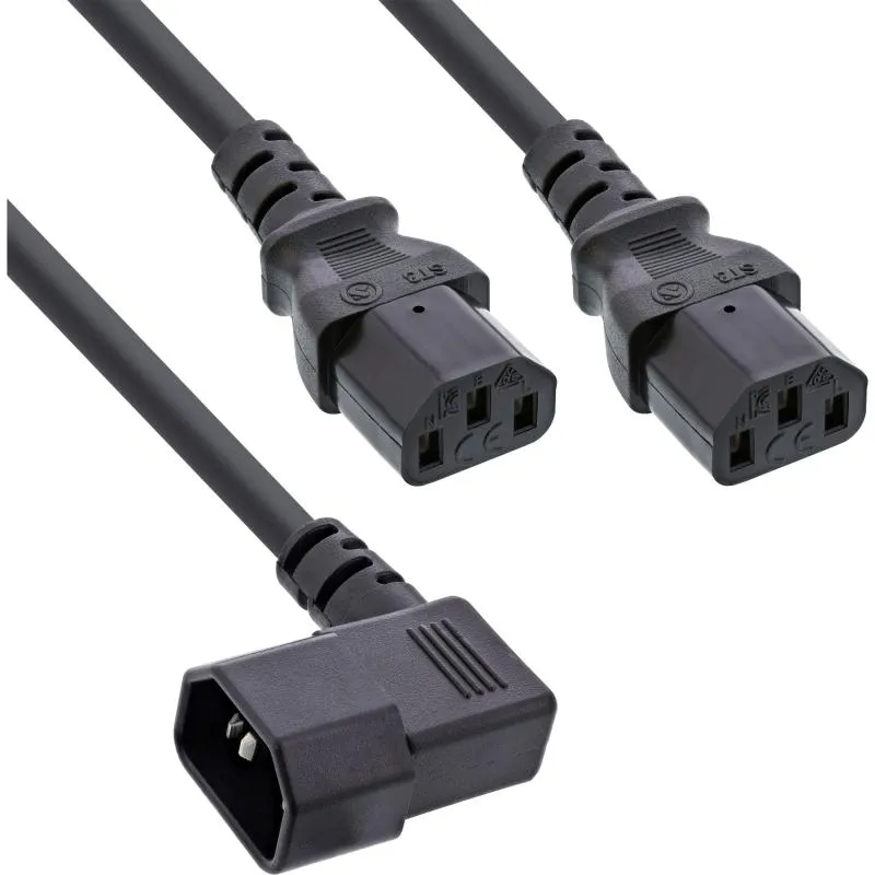Netz-Y-Kabel C14 gewinkelt auf 2x C13, schwarz