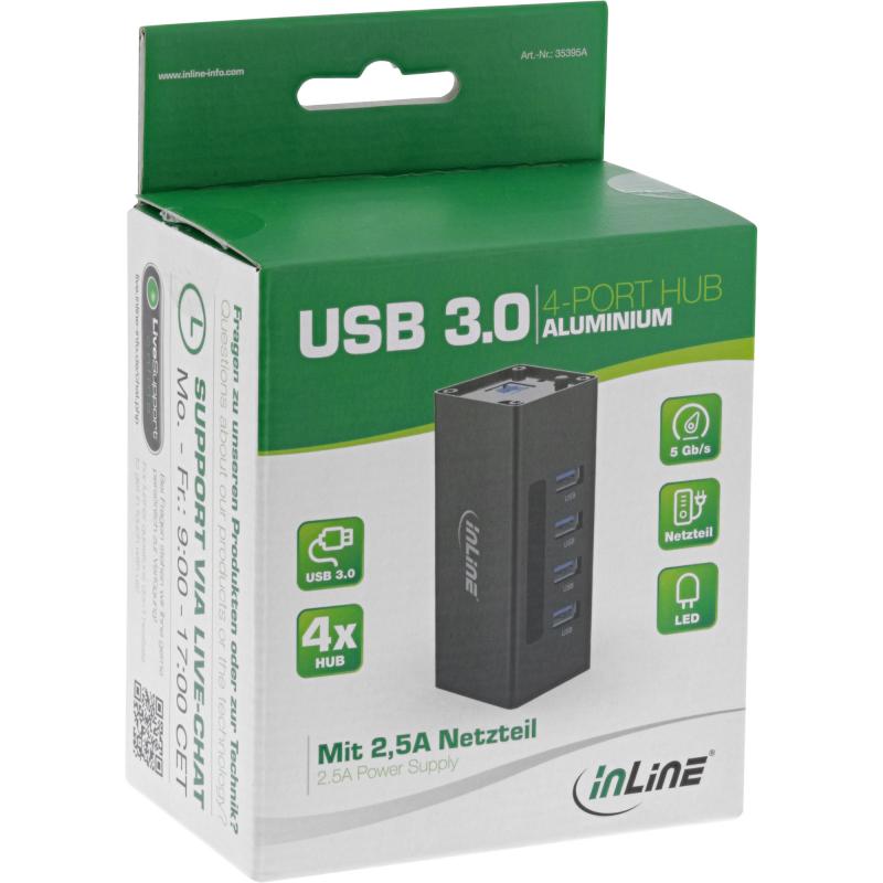 InLine® USB 3.0 Aluminium Hub 4 Port schwarz mit 2,5A Netzteil