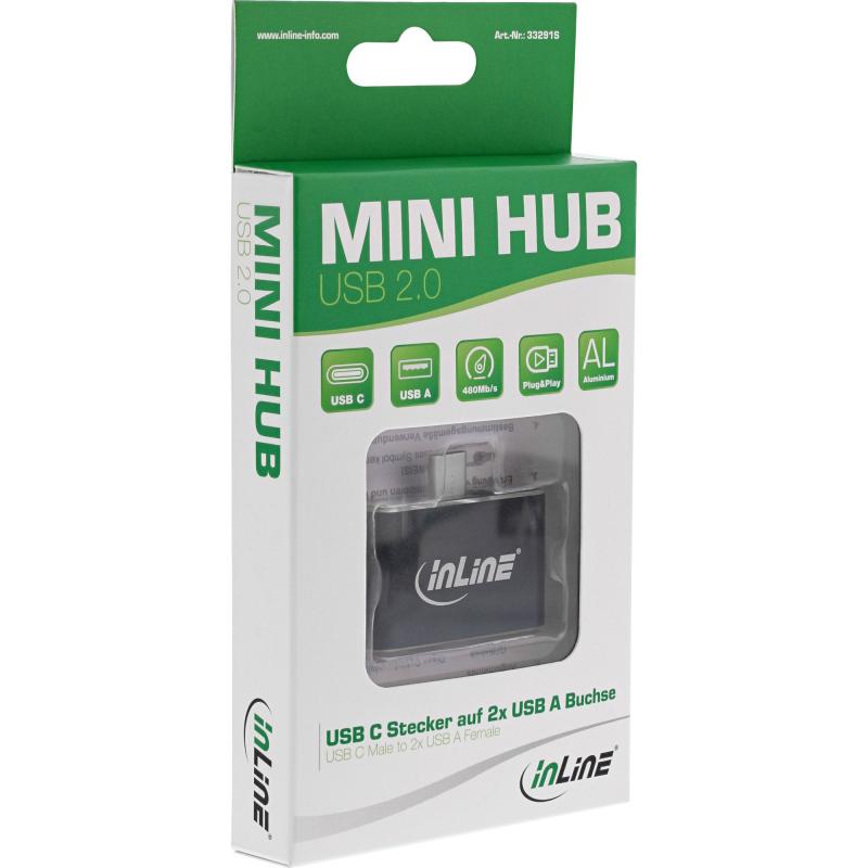 InLine® Mini USB 2.0 Hub USB TypC Stecker auf 2x USB A Buchse schwarz