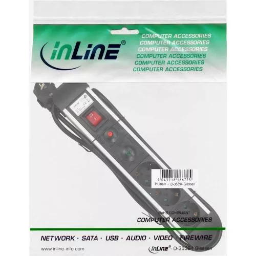 InLine® Steckdosenleiste Alu 3fach Überspannungsschutz mit Schalter 1,5m Zuleitung