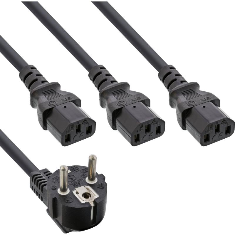 Netzkabel Y-Kabel Schutzkontakt gewinkelt auf 3x Kaltgerätebuchse C13, schwarz