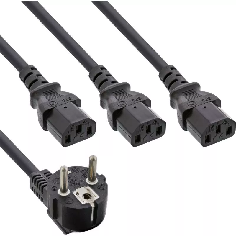 Netzkabel Y-Kabel Schutzkontakt gewinkelt auf 3x Kaltgerätebuchse C13, schwarz Netzkabel Y-Kabel Schutzkontakt gewinkelt auf 3x Kaltgerätebuchse C13, schwarz