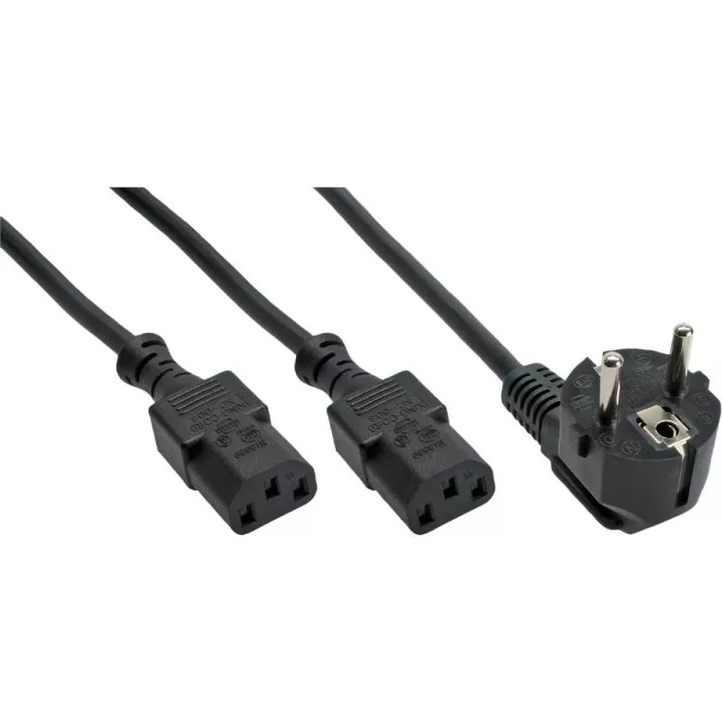 InLine® Netzkabel Y Kabel Schutzkontakt gewinkelt auf 2x Kaltgerätebuchse C13 gerade