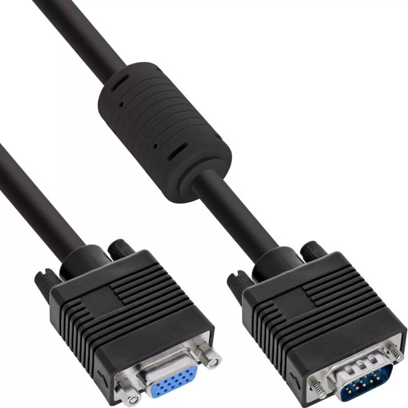 VGA Verlängerung 15pol HD Stecker/Buchse, schwarz, mit Ferrit
