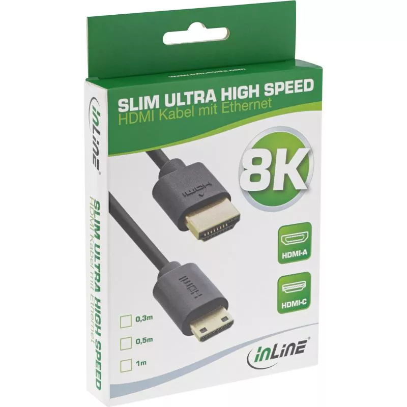 InLine® Slim Ultra High Speed HDMI Kabel 8K4K A Stecker / C Stecker (Mini) schwarz / gold