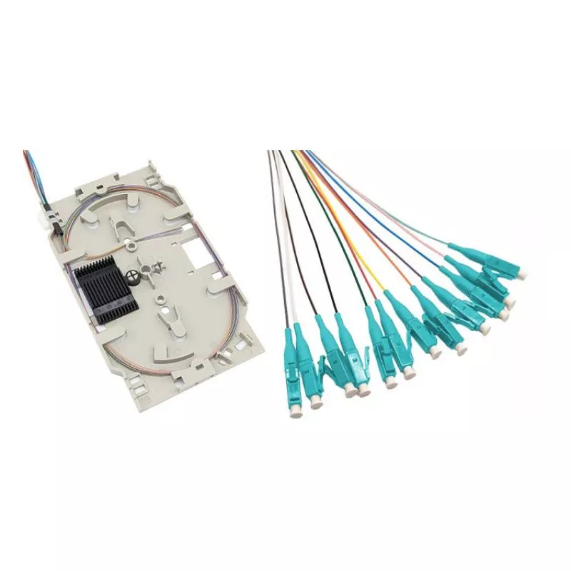 LWL Spleißkassette – 12× LC/UPC Pigtails – Multimode OM3 – farbig – 2,0 m