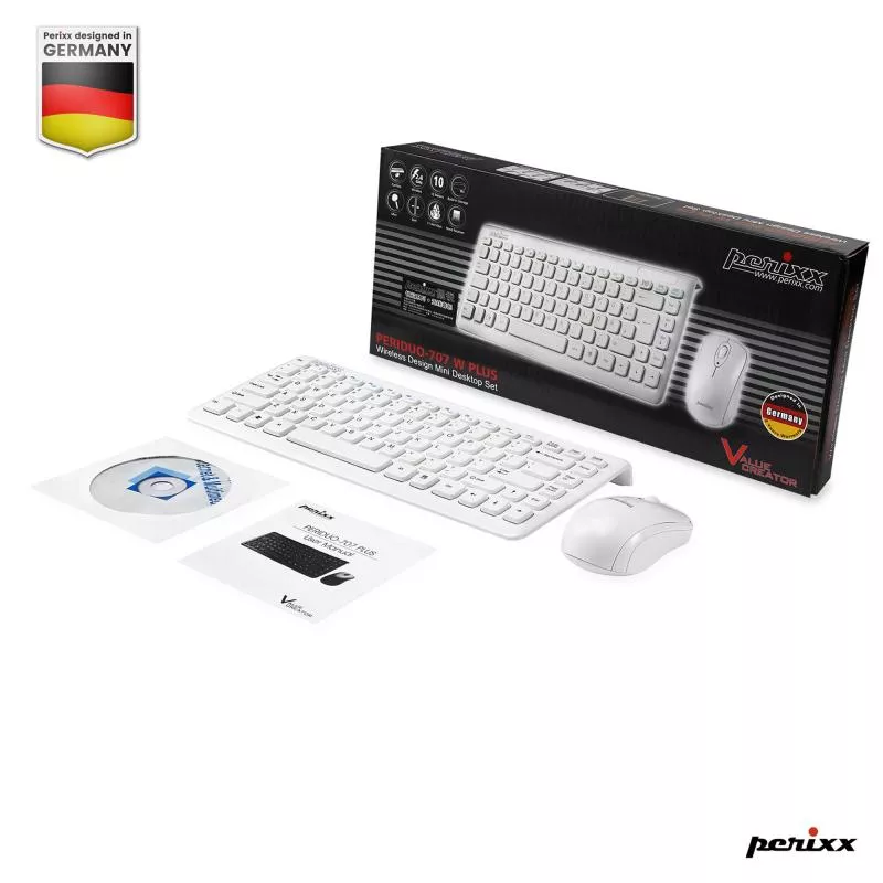 Perixx PERIDUO-707 PLUS US LAYOUT W Mini Tastatur und Maus Set schnurlos weiß