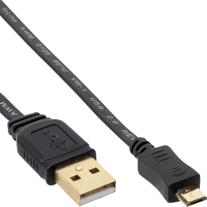 InLine® USB 2.0 Flach Kabel A an Micro B schwarz Kontakte vergoldet