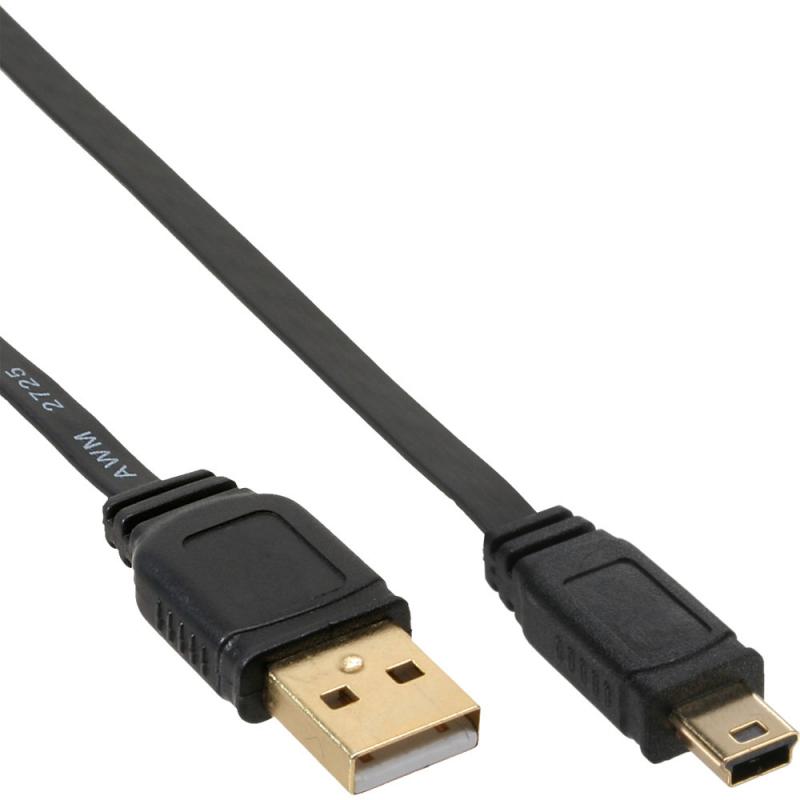 USB 2.0 Flachkabel – USB A an Mini B, schwarz, vergoldete Kontakte
