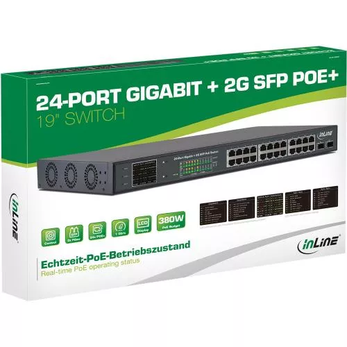 InLine® PoE+ Gigabit Netzwerk Switch 24 Port 1GBit/s, 2xSFP Metall Lüftersteuerung mit Display 420W