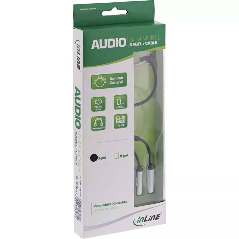 InLine® Slim Audio Y Kabel Klinke 3,5mm Stecker gewinkelt an 2x Klinke Buchse mit Lautstärkeregler 0,25m InLine® Slim Audio Y Kabel Klinke 3,5mm Stecker gewinkelt an 2x Klinke Buchse mit Lautstärkeregler 0,25m