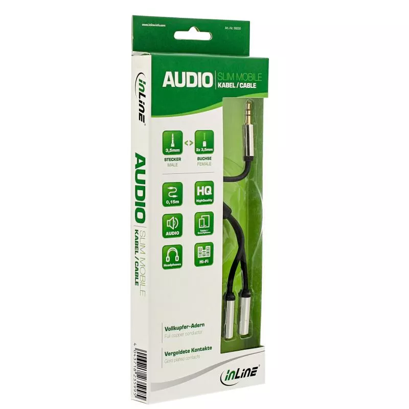 InLine® Slim Audio Y Kabel Klinke 3,5mm ST an 2x Klinke BU 0,15m