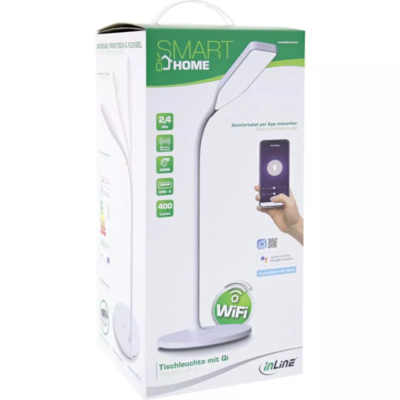 InLine® SmartHome LED Tischlampe mit Qi-Ladefläche und USB Ausgang weiß
