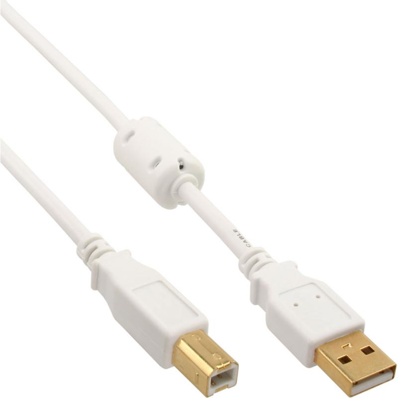 InLine® USB 2.0 Kabel, A an B, weiß / gold, mit Ferritkern