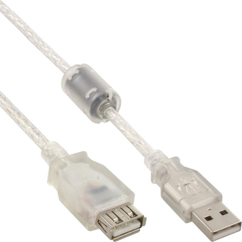 InLine® USB 2.0 Verlängerung, St/Bu, Typ A, transparent, mit Ferritkern