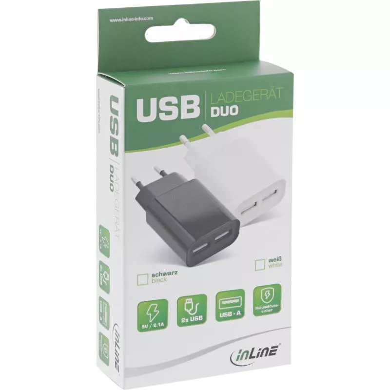 InLine® USB Ladegerät DUO Netzteil 2fach Stromadapter 100-240V zu 5V/2.1A schwarz