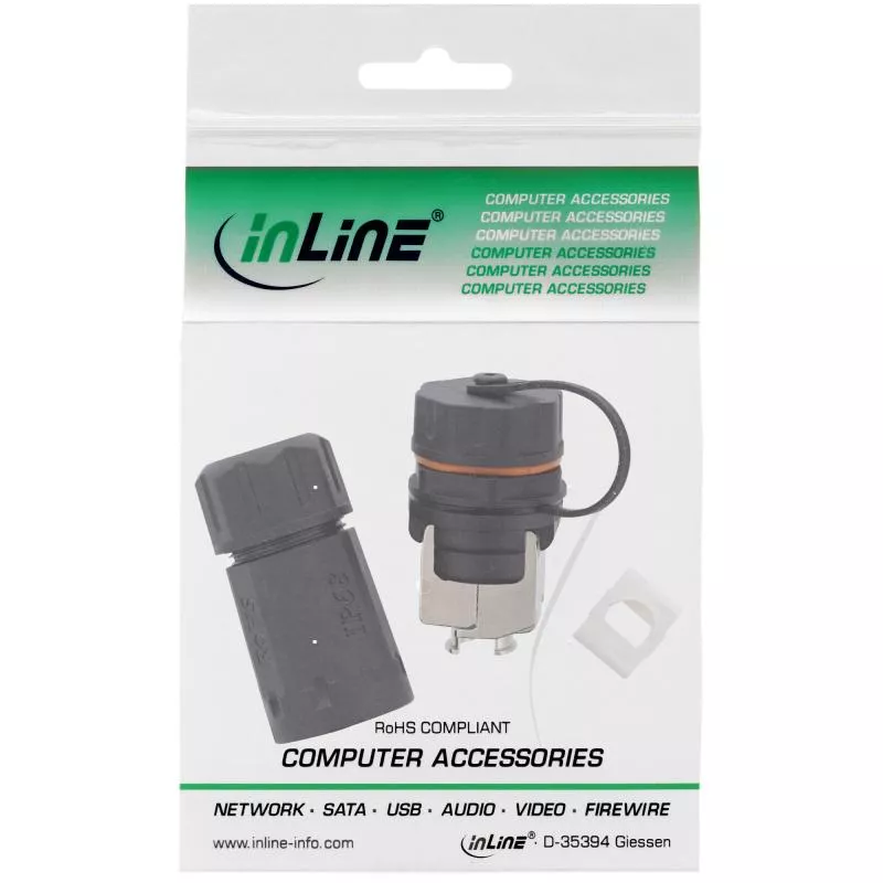 InLine® Patchkabelbuchse Set RJ45 Cat.6A wasserdicht IP68 für industrielle Anwendungen mit Staubkappe