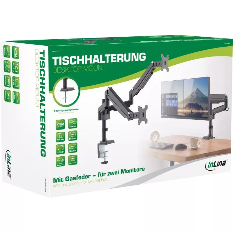 InLine® Tischhalterung mit Lifter beweglich für zwei Monitore bis 82cm (32") max. 9kg InLine® Tischhalterung mit Lifter beweglich für zwei Monitore bis 82cm (32") max. 9kg