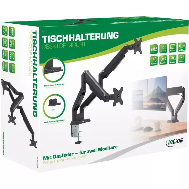 InLine® Tischhalterung mit Lifter und USB/Audio beweglich für zwei Monitore bis 81cm (32") max. 9kg InLine® Tischhalterung mit Lifter und USB/Audio beweglich für zwei Monitore bis 81cm (32") max. 9kg