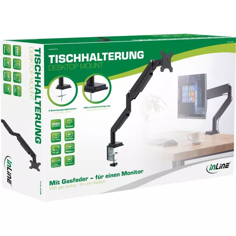 InLine® Tischhalterung mit Lifter und USB/Audio beweglich für Monitore bis 82cm (32") max. 9kg