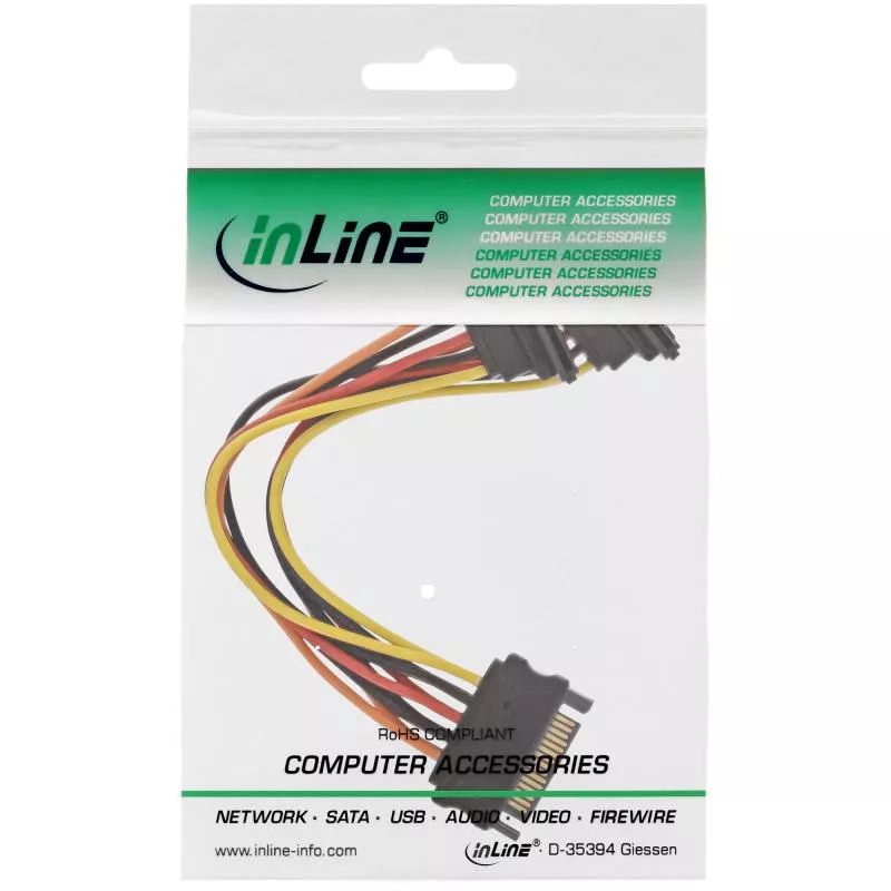 InLine® SATA Strom-Y-Kabel SATA Buchse an 2x SATA Stecker gewinkelt mit Sicherheitslaschen 0,15m