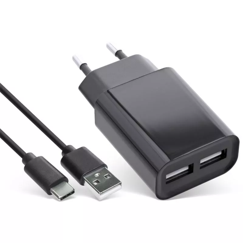 InLine USB DUO+ Ladeset Netzteil 2-fach + USB Typ-C Kabel Ladegerät Stromadapter 100-240V zu 5V/2.1A schwarz