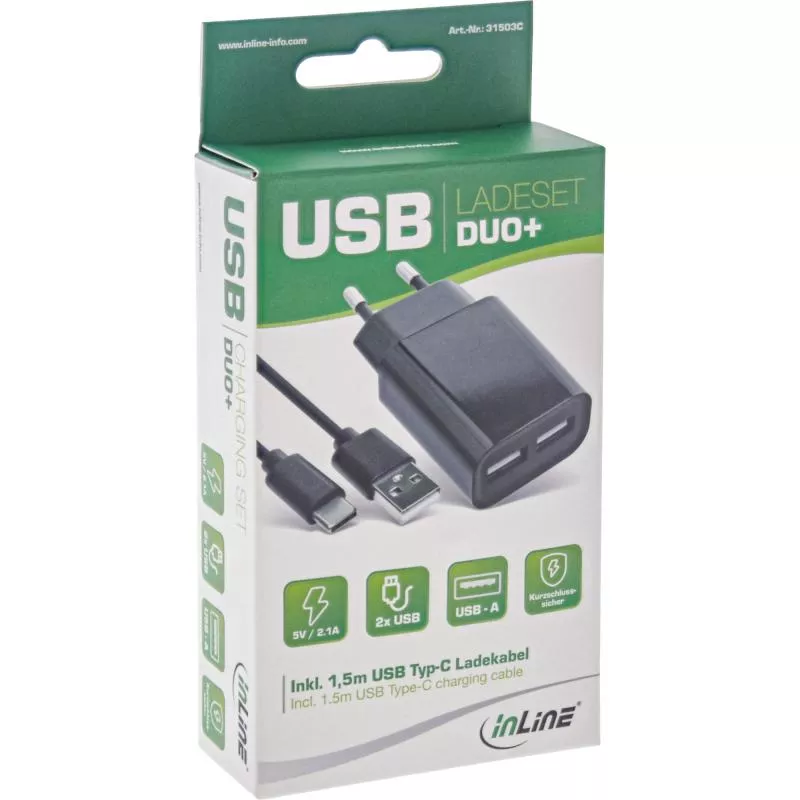 InLine® USB DUO+ Ladeset Netzteil 2-fach + USB Typ-C Kabel Ladegerät Stromadapter 100-240V zu 5V/2.1A schwarz