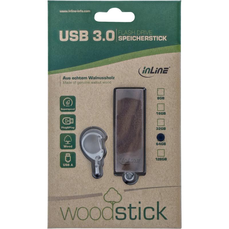InLine® woodstick USB 3.0 Speicherstick Walnuss Holz 64GB