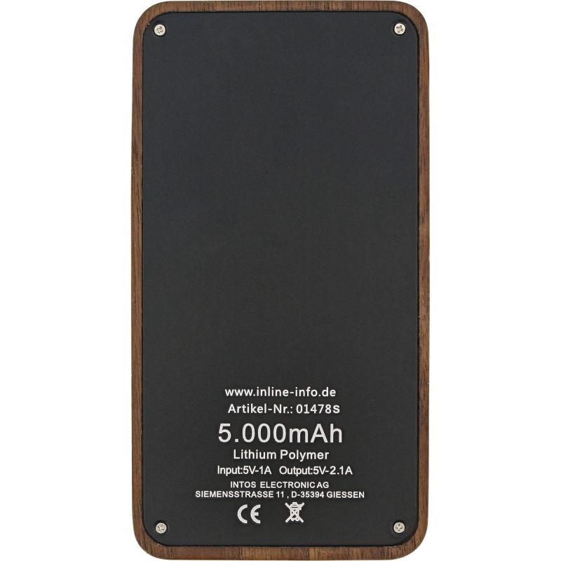 InLine® woodplate USB Powerbank 5.000mAh mit LED Status Anzeige Echtholz Walnuss 2.1A Ausgabe