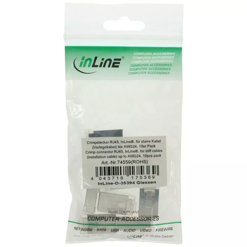 InLine® Crimpstecker RJ45 für starre Kabel (Verlegekabel) bis AWG24 10er Pack