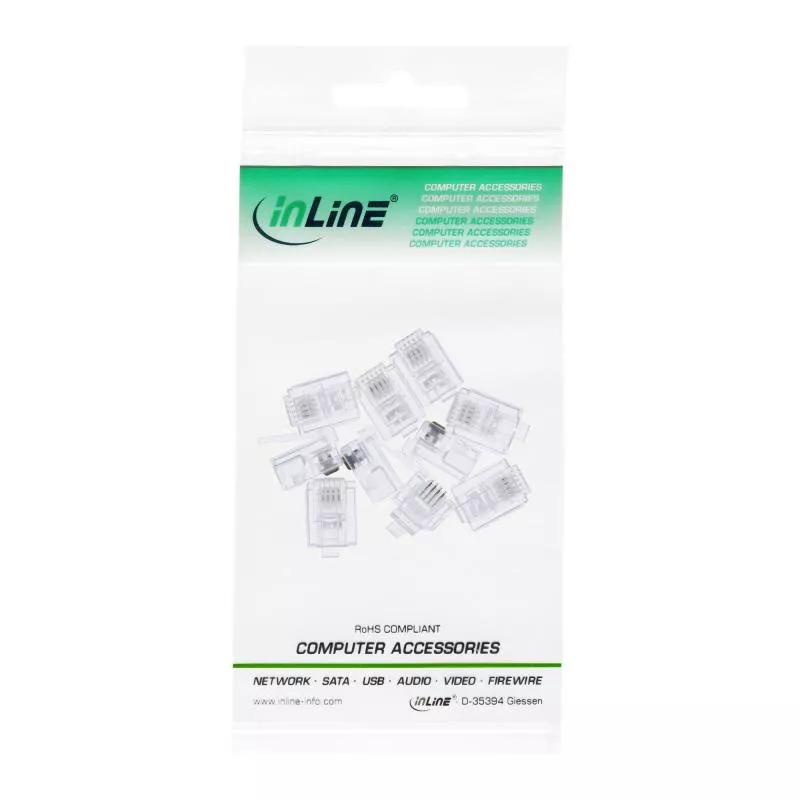 InLine® Modularstecker 6P4C RJ11 zum Crimpen auf Flachkabel 10er Pack