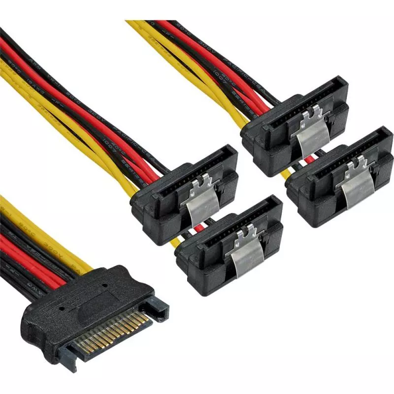 InLine® SATA Strom-Y-Kabel SATA Buchse an 4x SATA Stecker gewinkelt mit Sicherheitslaschen 0,15m