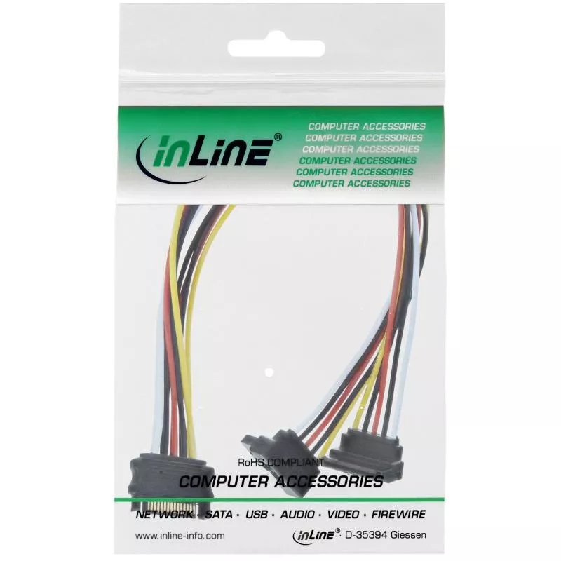 InLine® SATA Strom-Y-Kabel SATA Buchse an 2x SATA Stecker gewinkelt mit Sicherheitslaschen 0,3m