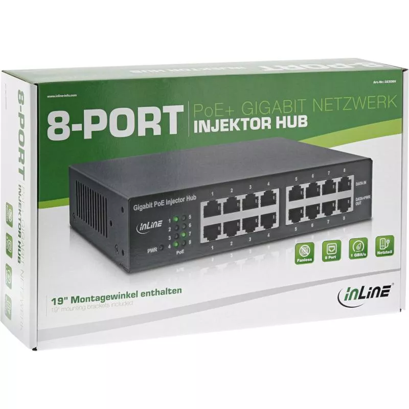 InLine® PoE+ Gigabit Netzwerk Injektor Hub 8 Port (8x PoE+) 1GBit/s Metall lüfterlos