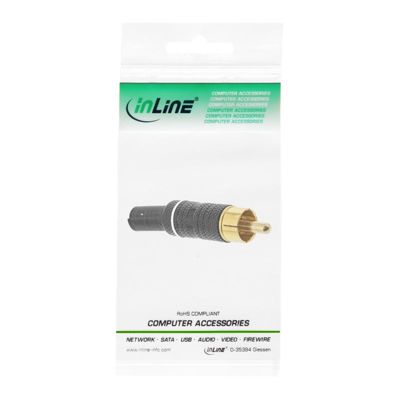 InLine® Cinchstecker Lötversion Metall schwarz Ring weiß für 6mm Kabel