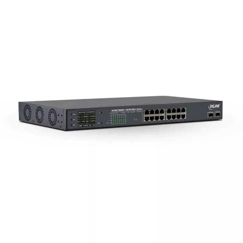 InLine® PoE++ Gigabit Netzwerk Switch 16 Port 1GBit/s 2xSFP 19" Metall Lüftersteuerung mit Display Passwortschutz 300W