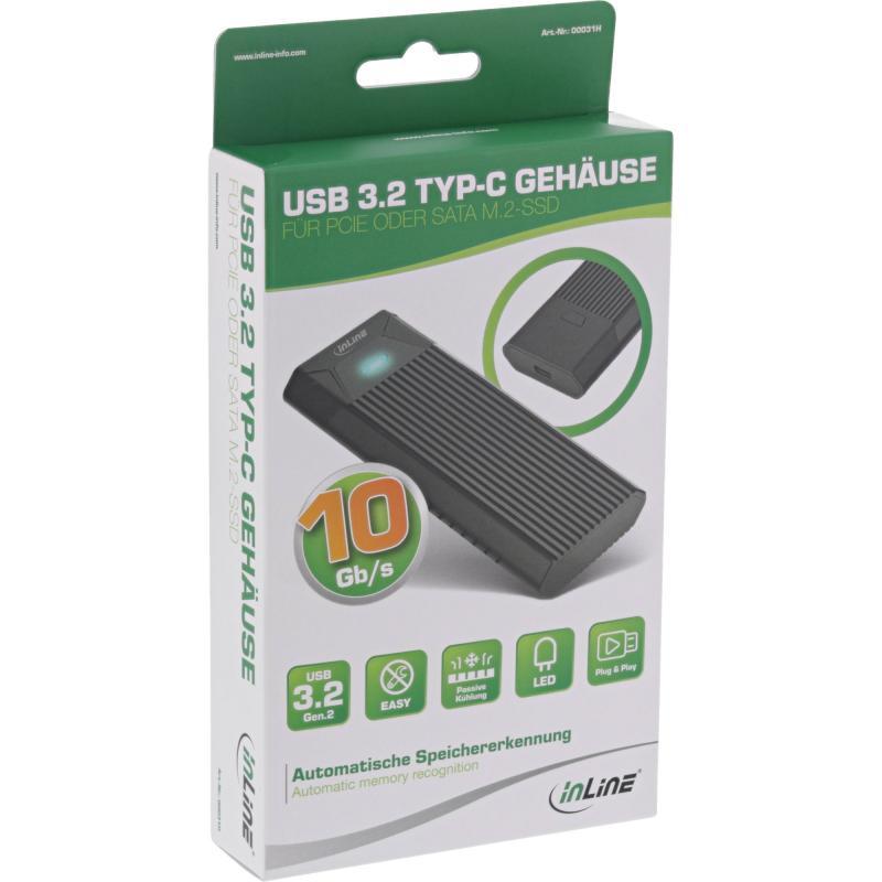 InLine® USB3.2 Gen.2 USB-Typ C zu M.2 SSD (PCIe NVMe & SATA) Gehäuse werkzeugfrei
