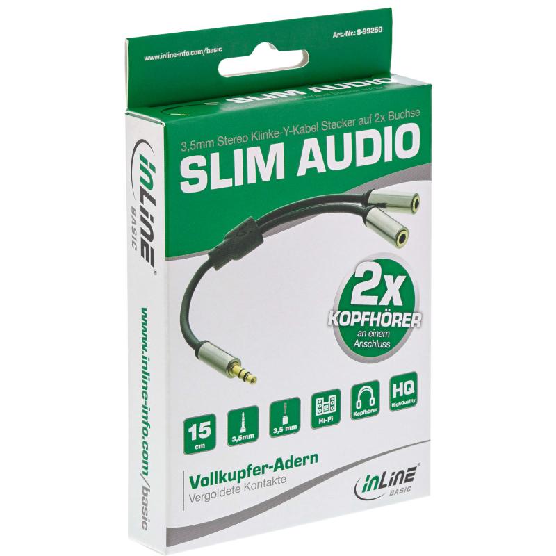 InLine® Basic Slim Audio Y-Kabel 3,5mm Klinke ST an 2x BU, 0,15m