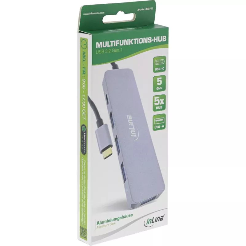 InLine® USB 3.2 USB-Typ C Multi Hub (4x USB-A 5Gb/s + USB Typ-C (Data/PD 87W), OTG, Aluminiumgehäuse InLine® USB 3.2 USB-Typ C Multi Hub (4x USB-A 5Gb/s + USB Typ-C (Data/PD 87W), OTG, Aluminiumgehäuse