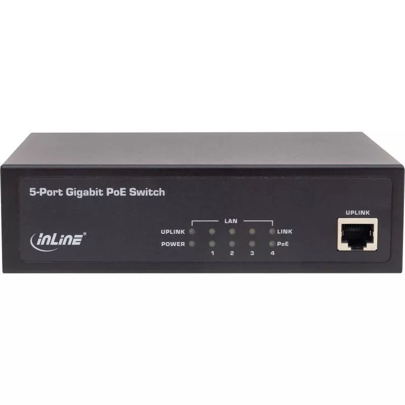 InLine® PoE+ Gigabit Netzwerk Switch 5 Port (4x PoE+) 1GBit/s Desktop Metall lüfterlos