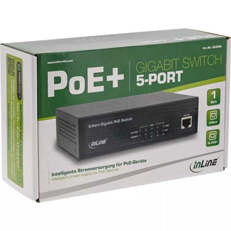 InLine® PoE+ Gigabit Netzwerk Switch 5 Port (4x PoE+) 1GBit/s Desktop Metall lüfterlos