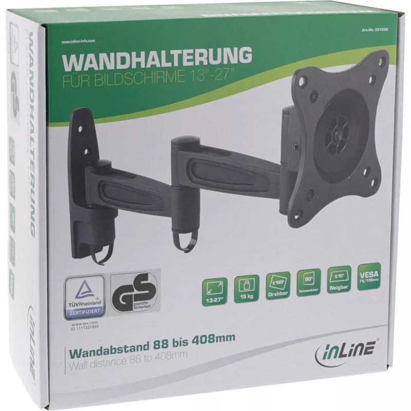 InLine® Wandhalterung für TFT bis 68cm (27") max. 15kg 2-teiliger Arm