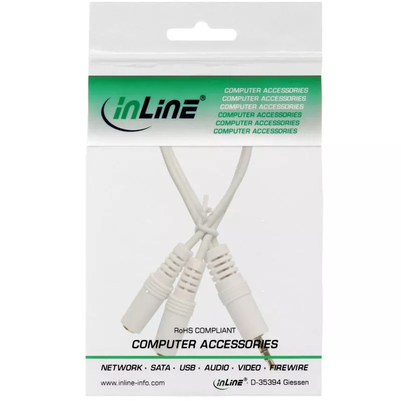 InLine® Klinken Y-Kabel 3,5mm Klinke Stecker an 2x 3,5mm Klinke Buchse Stereo weiß/vergoldet