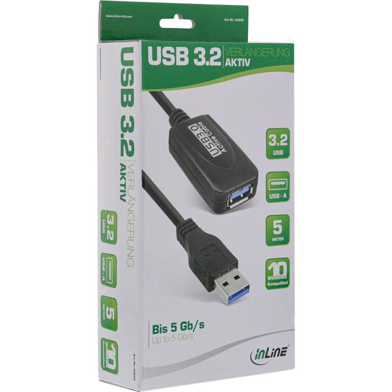 InLine® USB 3.2 Gen.1 Aktiv-Verlängerung, Stecker A an Buchse A, schwarz, 5m