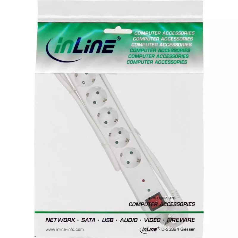 InLine® Steckdosenleiste 6-fach Schutzkontakt mit Überspannungsschutz mit Schalter 1,5m weiß